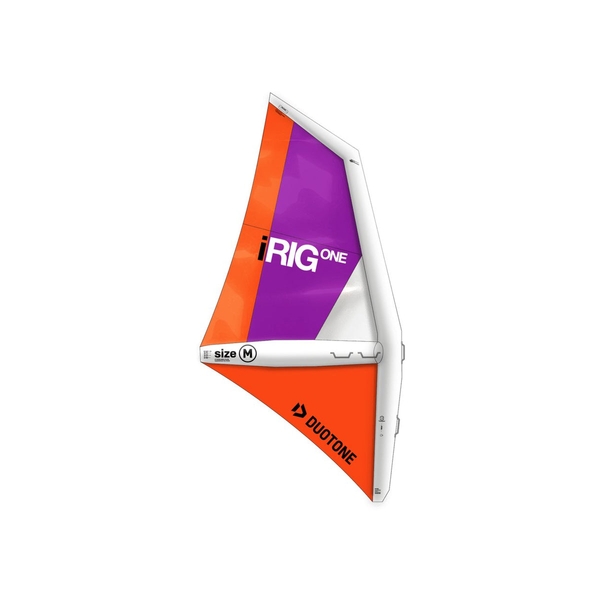 Duotone iRig One size M inflatable windsurfing sail in orange and purple with white frame branding.