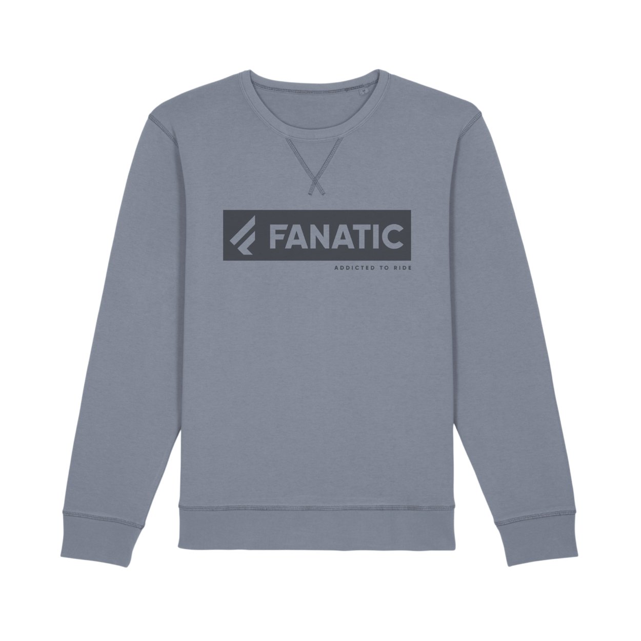Unisex Fanatic crew neck sweater in grey, featuring a dark grey chest logo and V-stitch detail at the collar.
