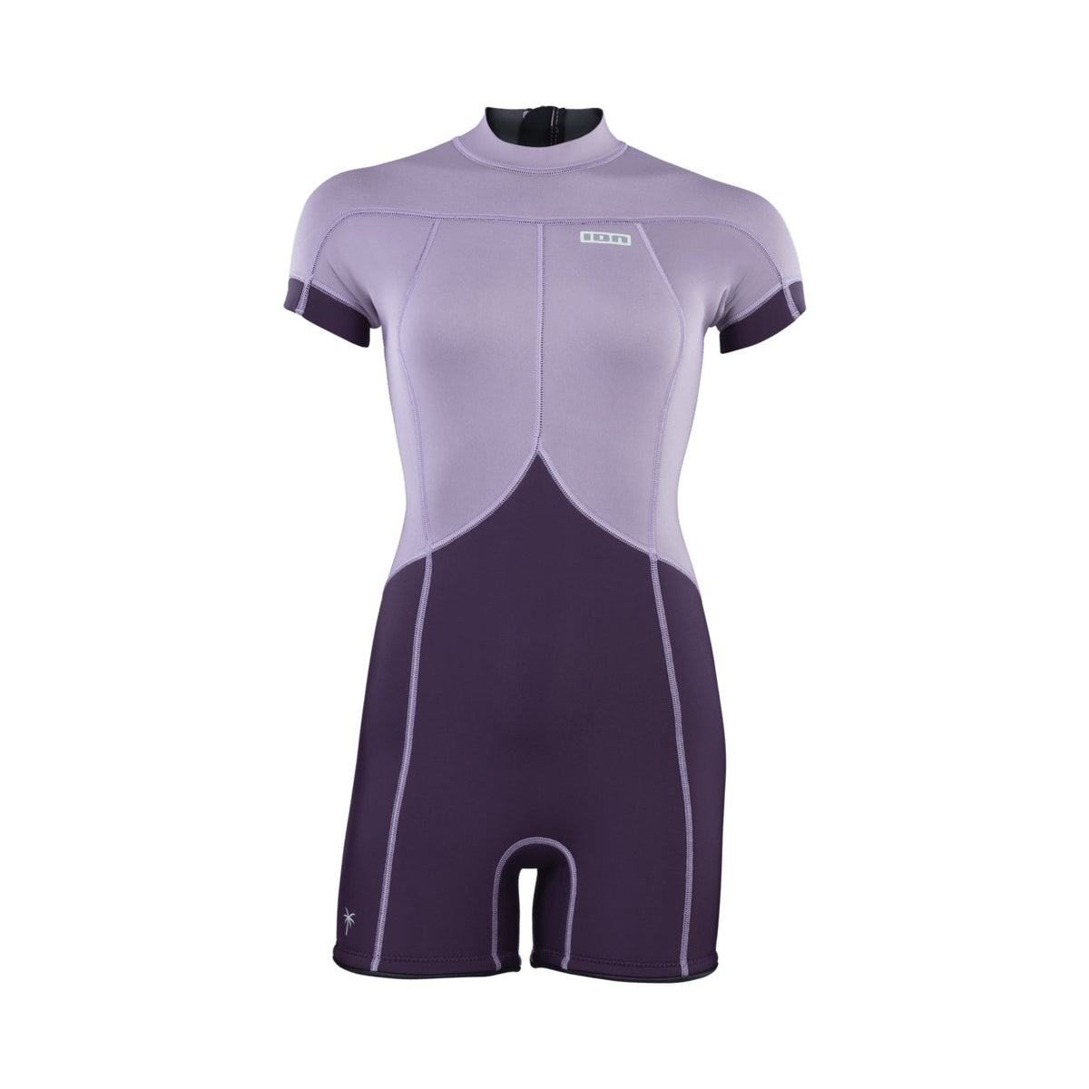 ION Amaze 2.5 short sleeve wetsuit in purple with a back zip, featuring flexible neoprene and reinforced seams.