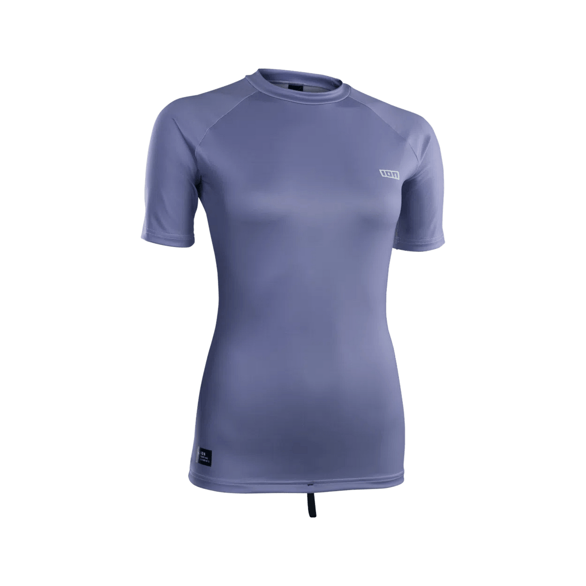 Women’s ION short sleeve rashguard in purple, made from recycled materials with a crew neck and logo detail.