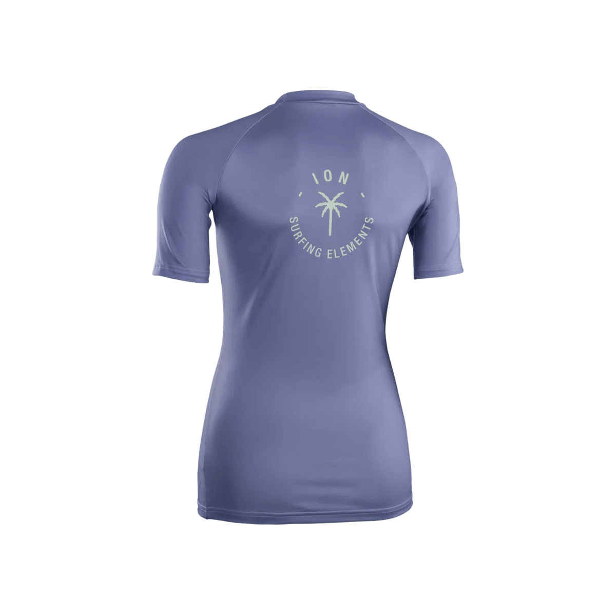 Back view of a purple ION short-sleeve women's rashguard with a white palm tree logo and recycled fabric design.