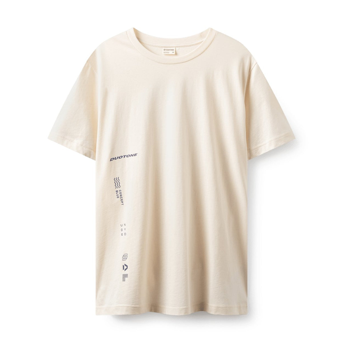 Duotone Cyclone men's undyed short-sleeve T-shirt in cream with vertical logo and graphic print details.