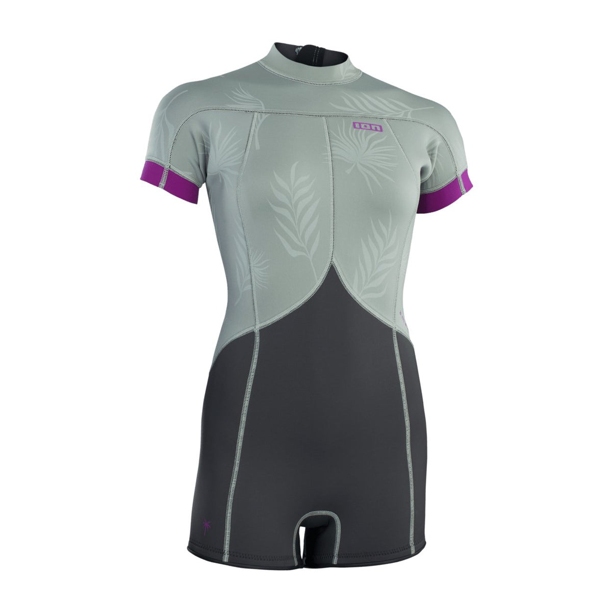 ION Amaze 2.5 shorty wetsuit in grey and black with a leaf print, short sleeves, and purple trim details.