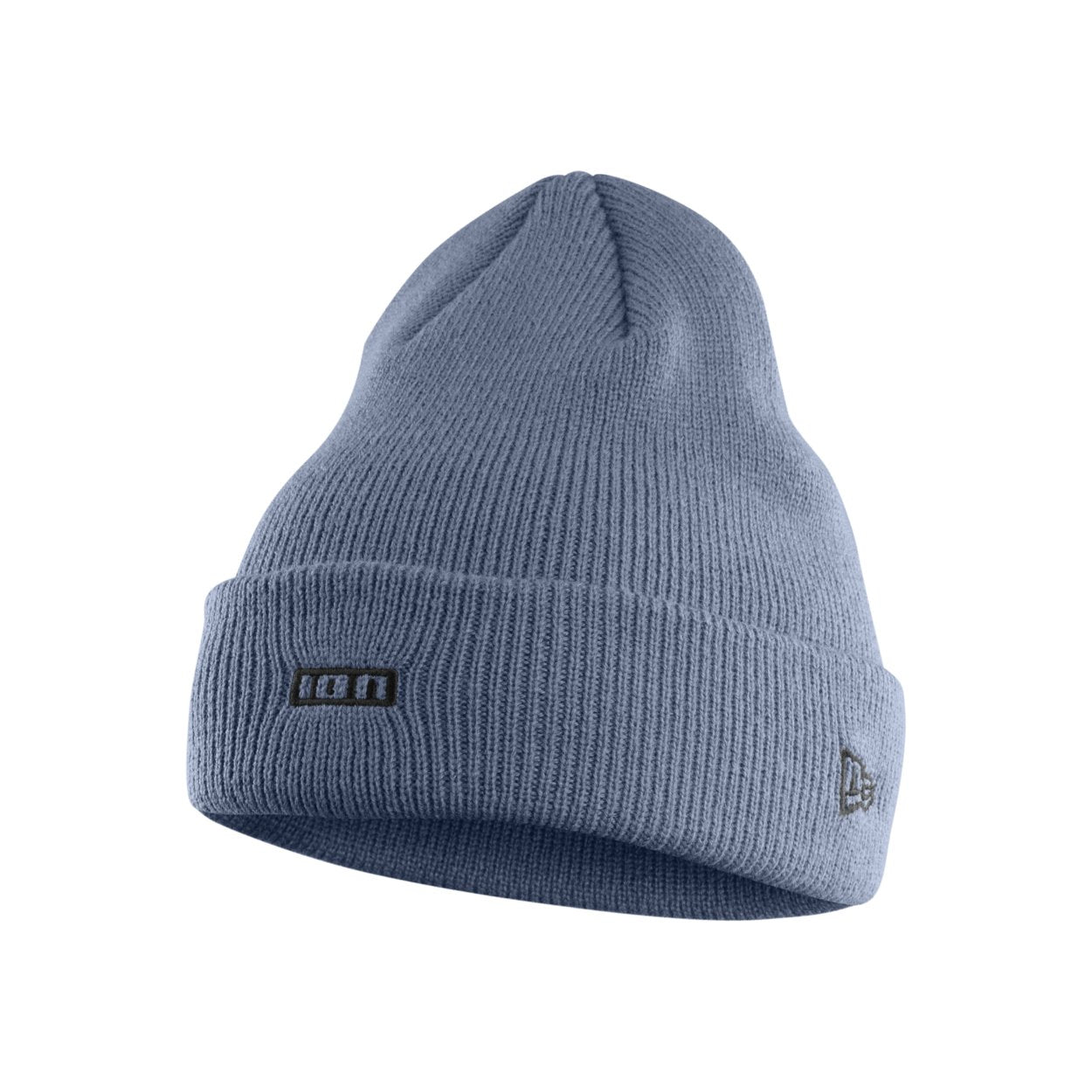 Blue ribbed knit ION beanie hat with a small embroidered logo on the folded cuff.