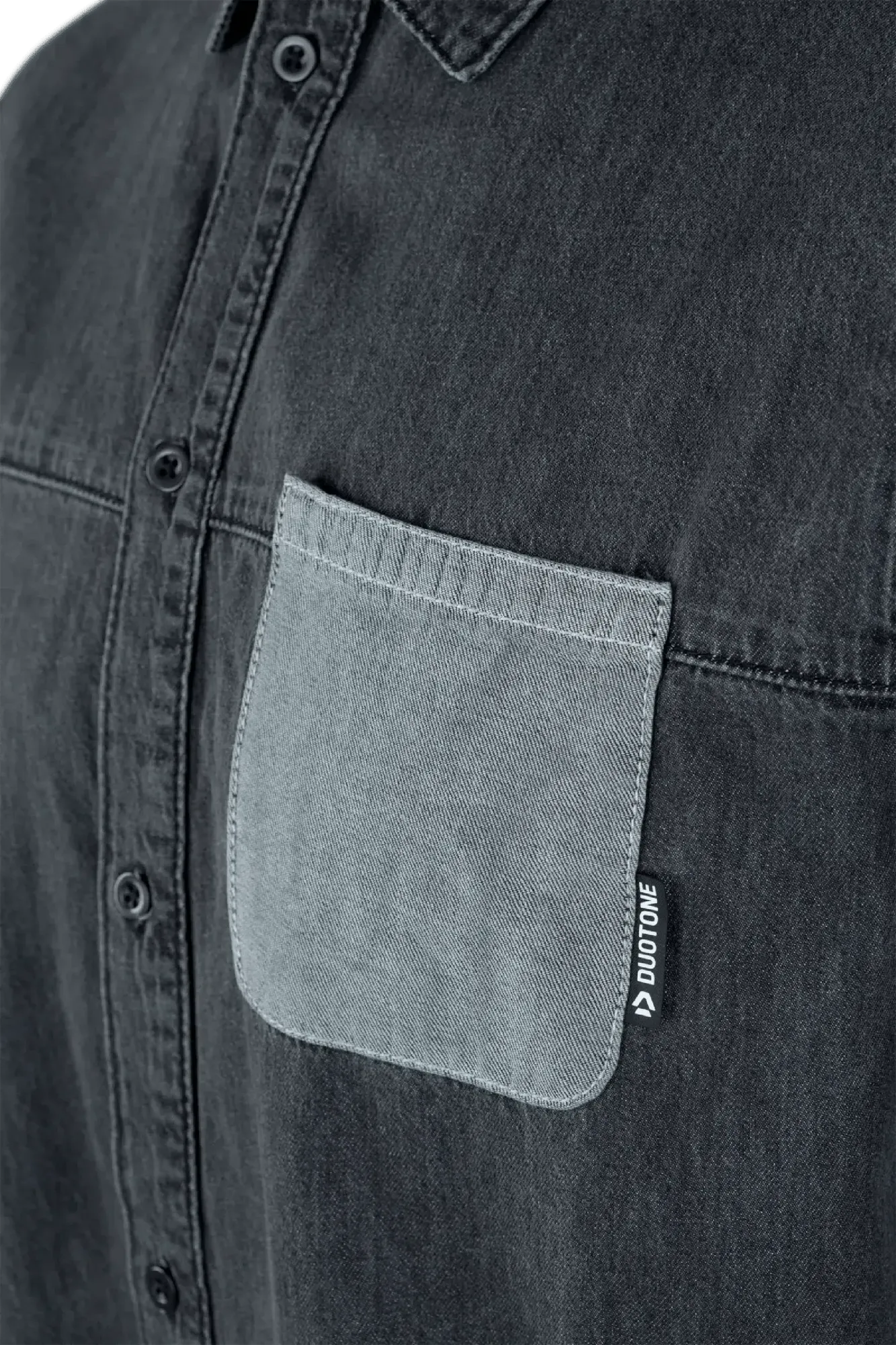 Black long-sleeve denim shirt with a contrasting grey chest pocket and Duotone branding tab.