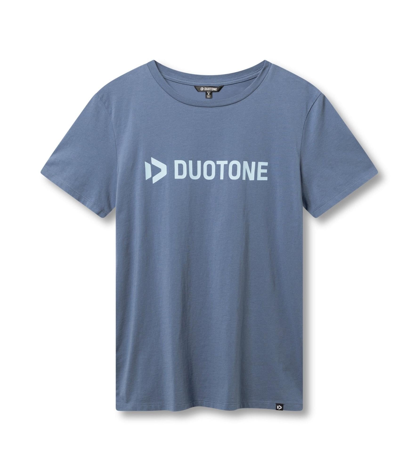 Blue organic cotton women's short sleeve T-shirt with white Duotone logo and relaxed fit.