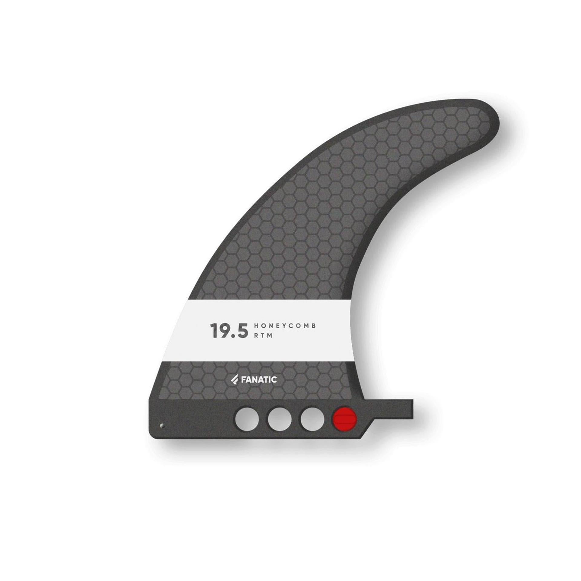 Fanatic Click SUP fin with 19.5cm honeycomb pattern, white branding stripe, and red locking mechanism on a white background.