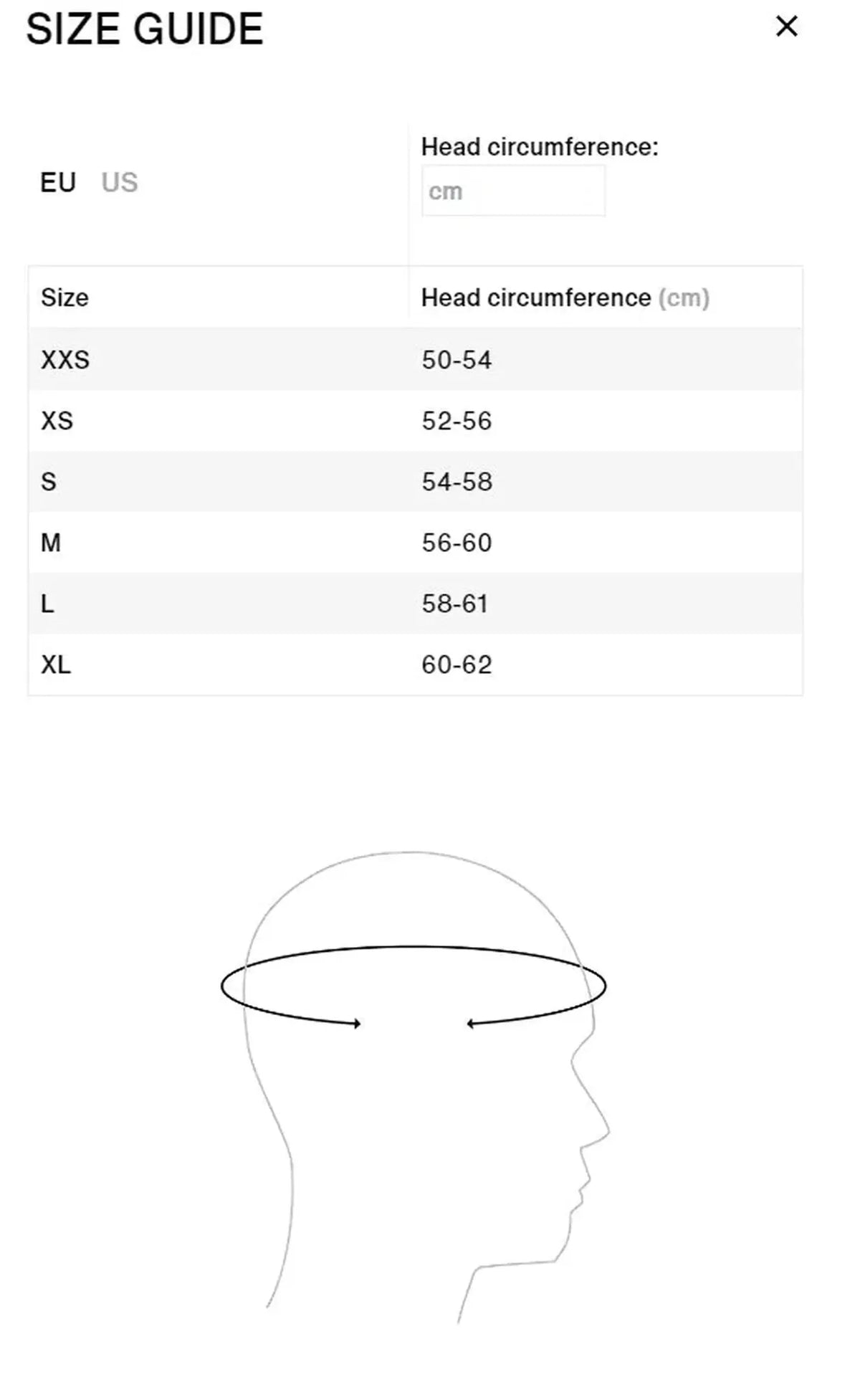 ION Neo Bobble Beanie size guide table showing head circumference measurements in centimetres for sizes XXS to XL.