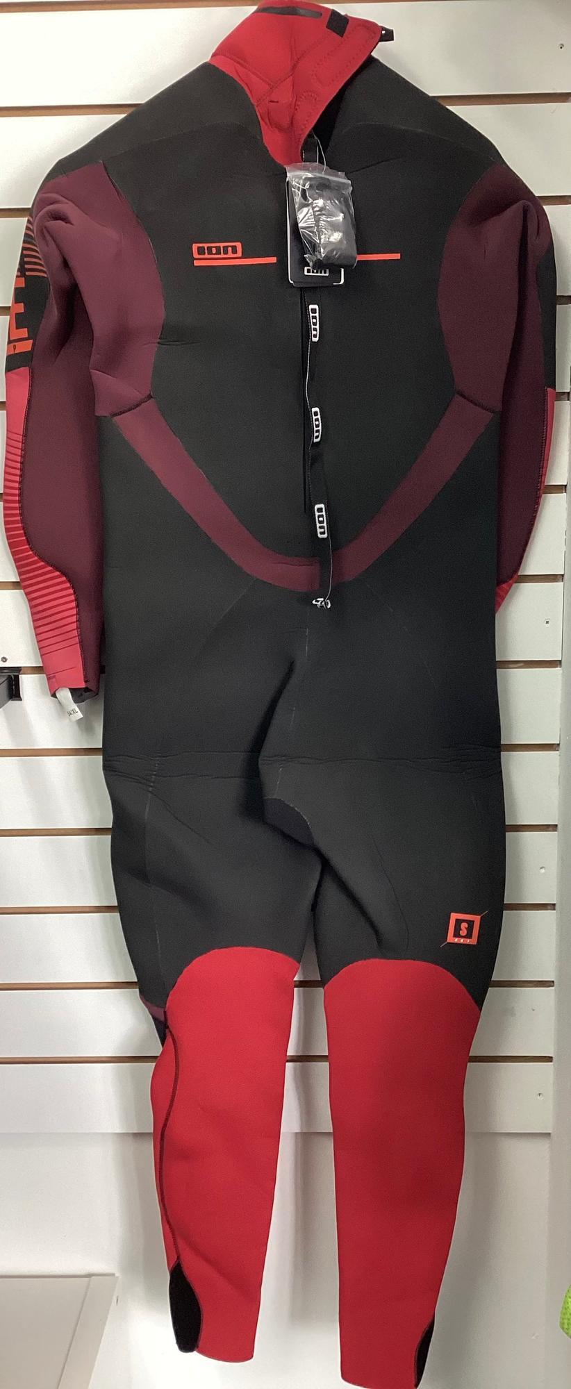ION Strike Amp Skin 5/4 men's winter wetsuit in black and red with front zip and branded detailing.
