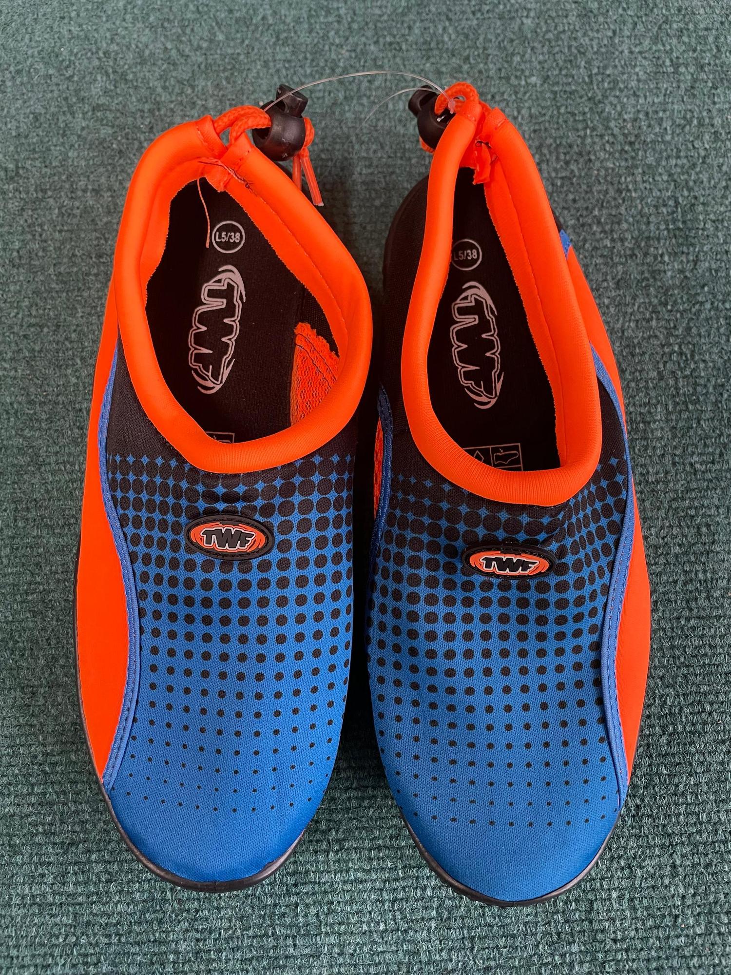 TWF adult beach shoes in blue and orange with a black dotted mesh pattern, drawstring toggle, and flexible protective sole.