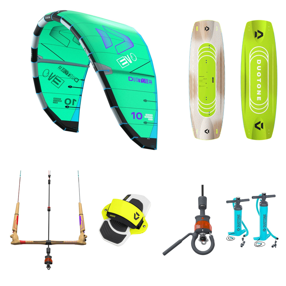 Duotone Evo & Gonzales 2026 Kitesurfing Package – Evo kite, Gonzales twintip, Click Bar, quick release, Vario Combo bindings and pump