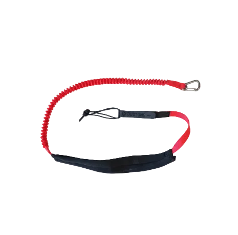 A red and black resistance band leash with a black foam velcro bumper cable management and stainless steel metal carabiner clip, displayed on a clean white background