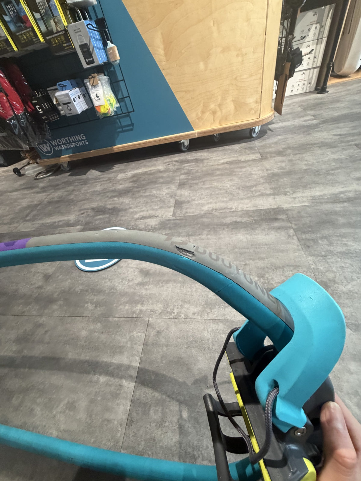 Close-up of abrasion on used boom grip by front bend