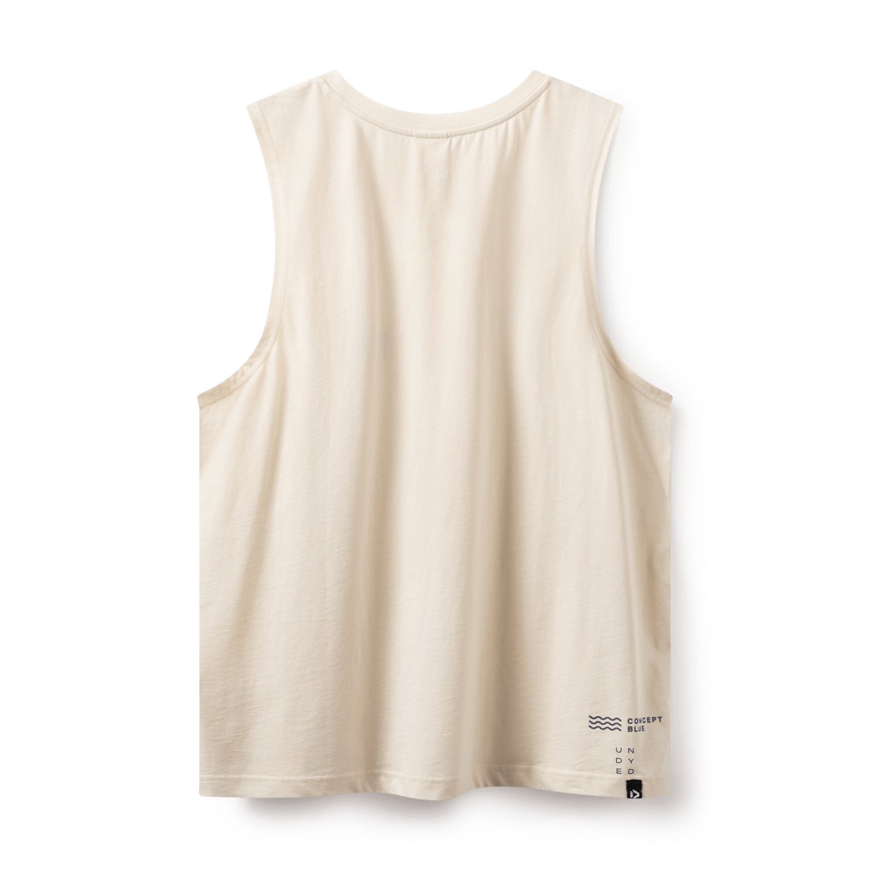 Men's undyed Duotone tank vest top in a natural cream colour with a minimalist Concept Blue logo detail on the hem.