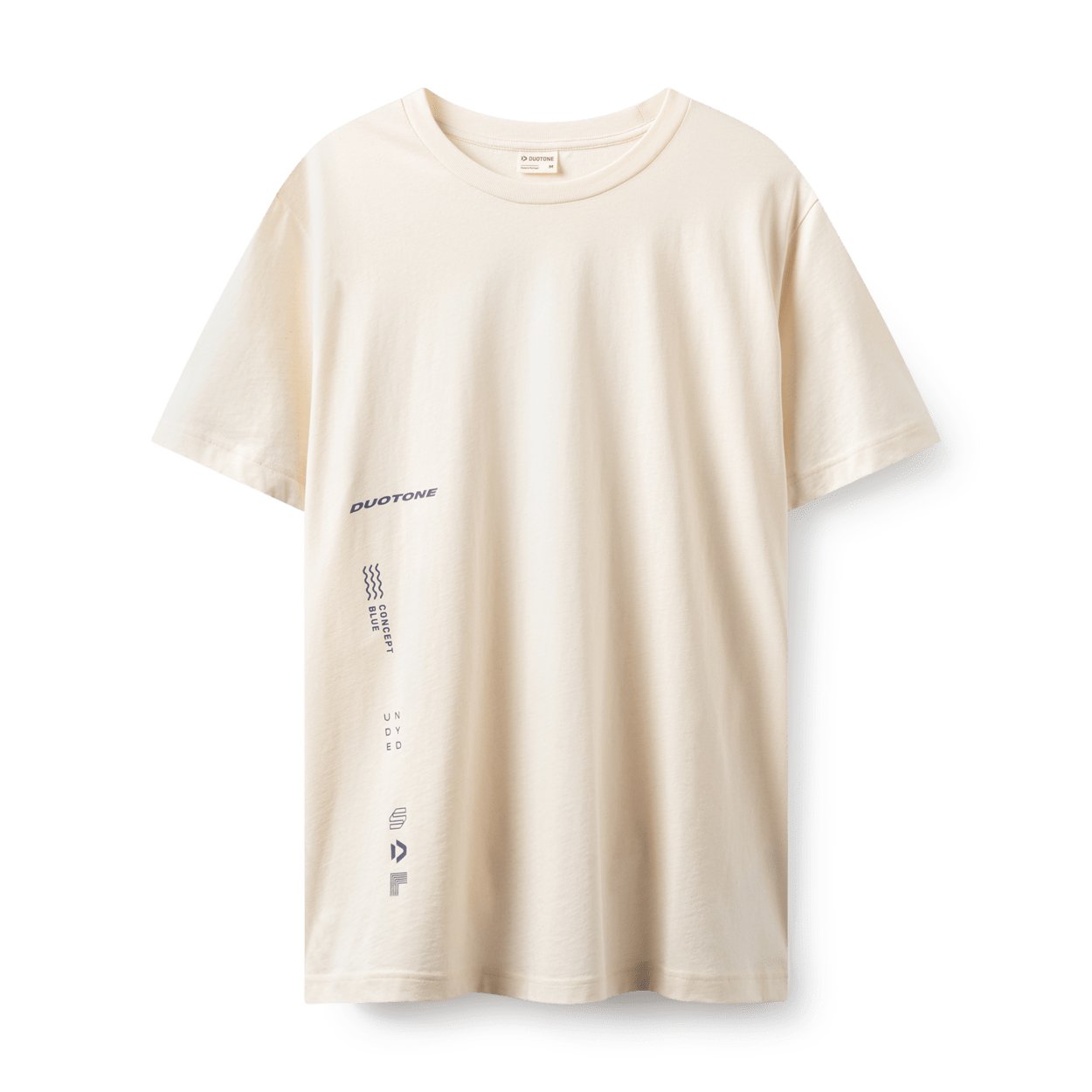 Duotone Cyclone men's undyed short-sleeve T-shirt in cream with vertical logo and graphic print details.