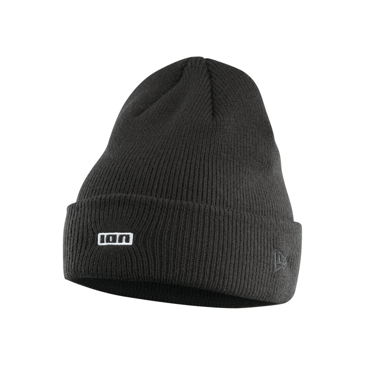 Black ribbed knit ION beanie hat with a small white embroidered logo on the folded cuff.