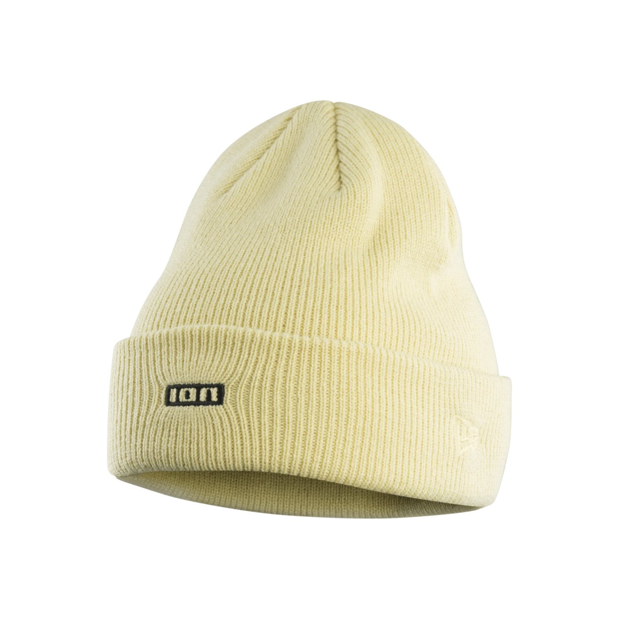 Cream-coloured ribbed knit ION beanie with a small embroidered logo on the folded cuff.